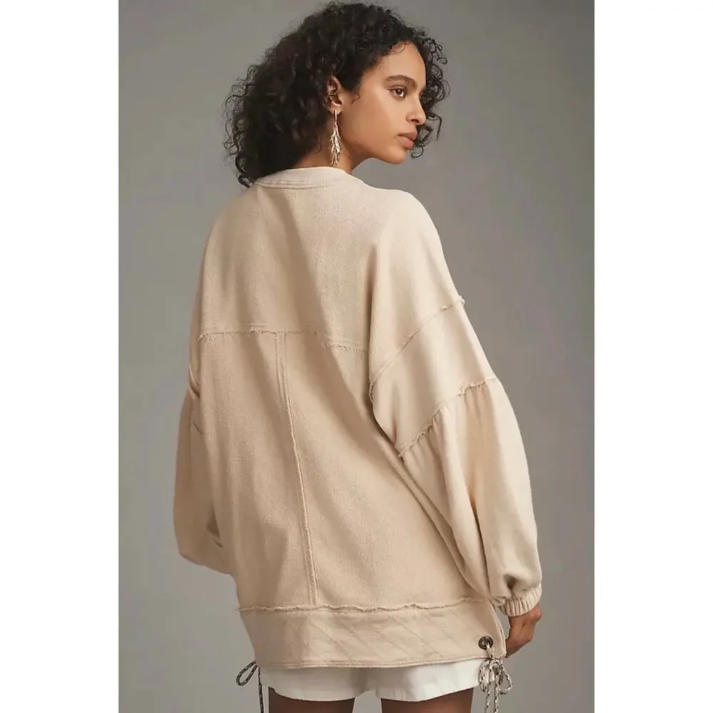 PILCRO x ANTHROPOLOGIE Button-Front Cotton Shacket in Light Sand